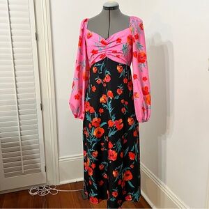 Nasty Gal Pink and black floral long sleeve maxi dress with ruched front size 8